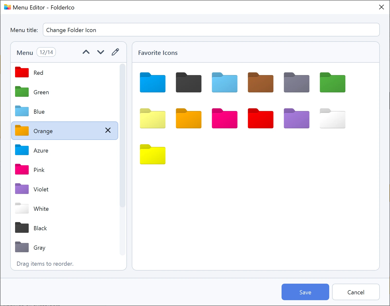 FolderIco Menu Editor with the Menu list and Favorite Icons panel